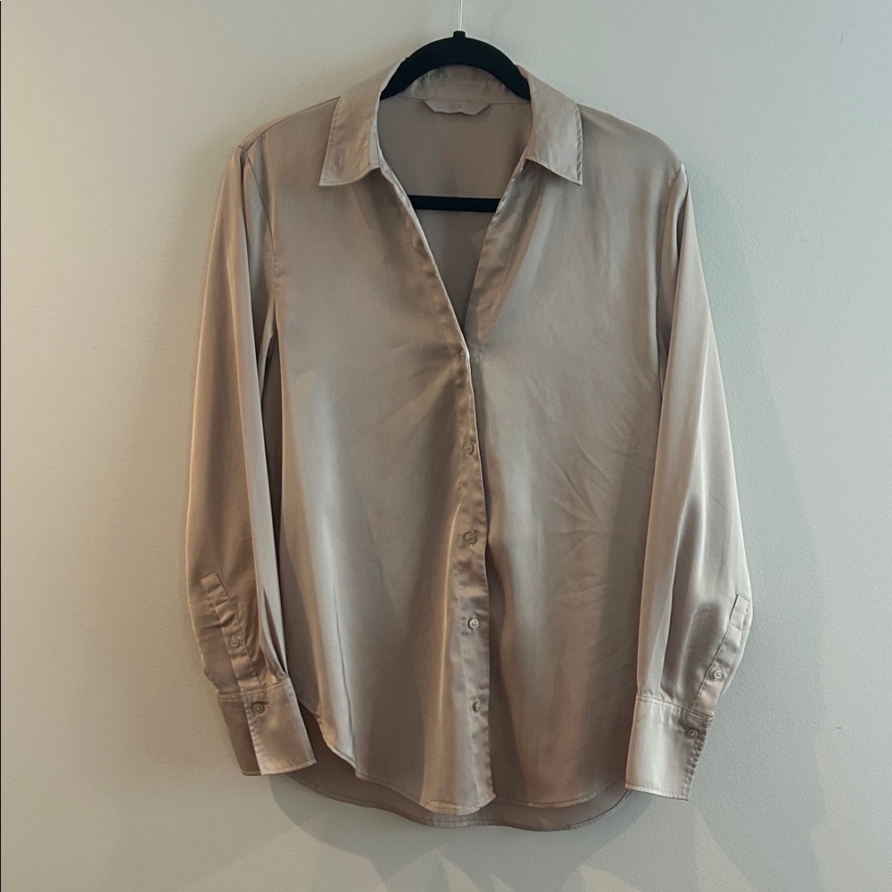 H&M Champagne Satin Button-Up Blouse, Size M